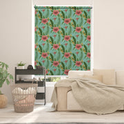 Tropical blackout window blind with coral pink hibiscus, gold star flowers and green palm fronds on a soft teal ground - Lolli & Omi